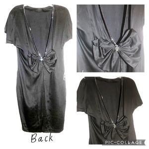 VTG black Gatsby dress sparkle trim deep cut back oversized bow Hollywood glam